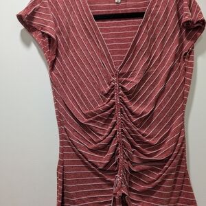 Max Studio Red Striped Ruched V-Neck Blouse